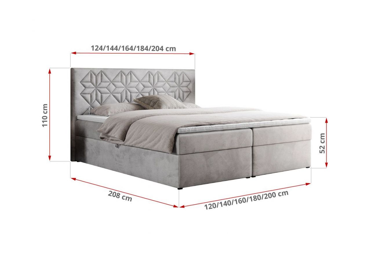 Łóżko kontynentalne LEILA 160x200 - H4 - jasnoszary, welwet