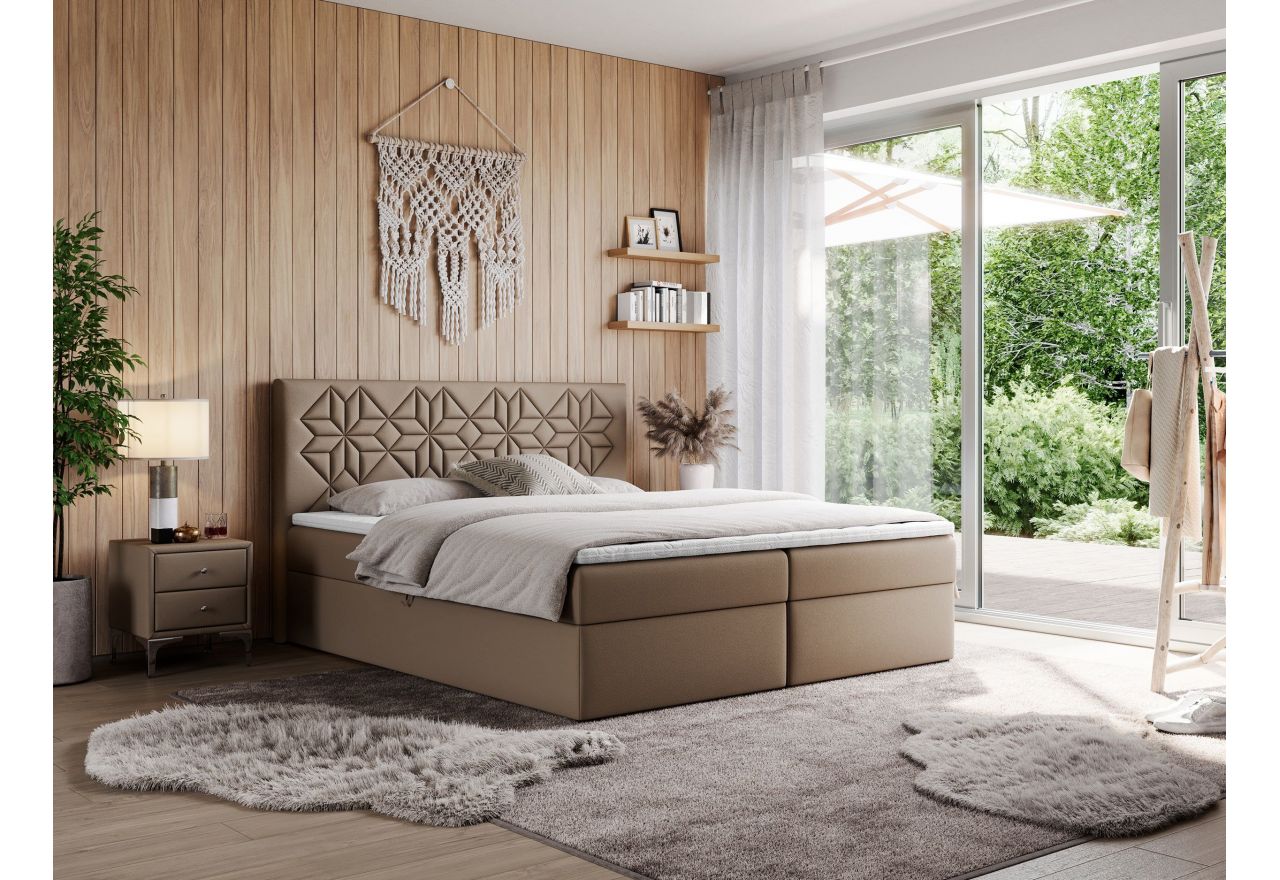 Łóżko kontynentalne LEILA 200x200 - H4 - brązowy, ekoskóra