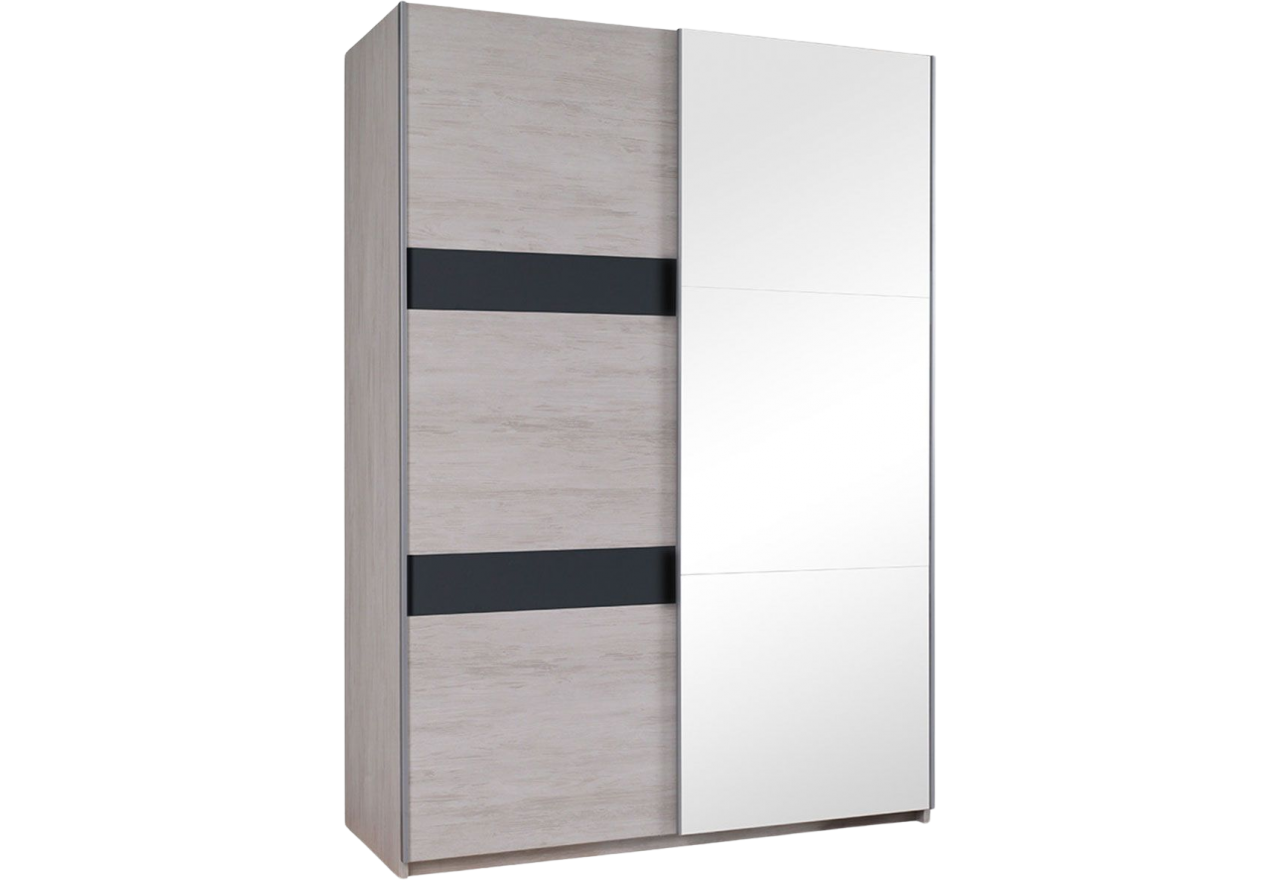 Stylowa szafa z lustrem 150 cm dwufrontowa z opcją oświetlenia do sypialni - VIGA Dąb Biały / Grafit połysk