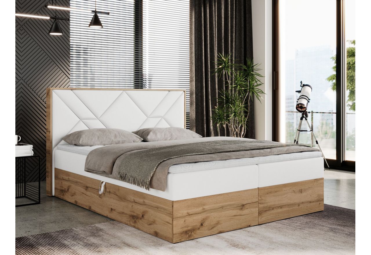 Łóżko kontynentalne GUNAR 160x200 - H3 - biały, ekoskóra