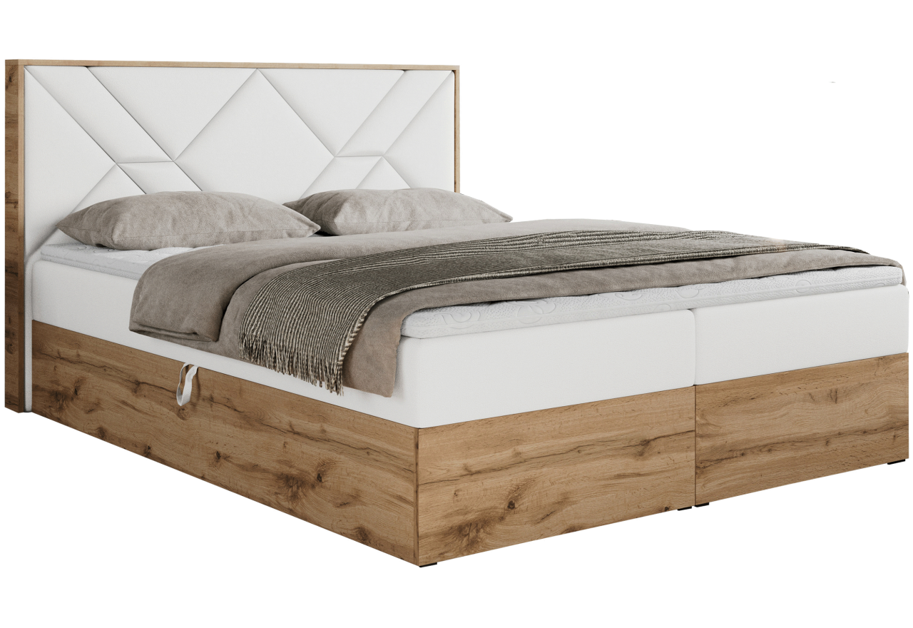 Łóżko kontynentalne GUNAR 160x200 - H3 - biały, ekoskóra