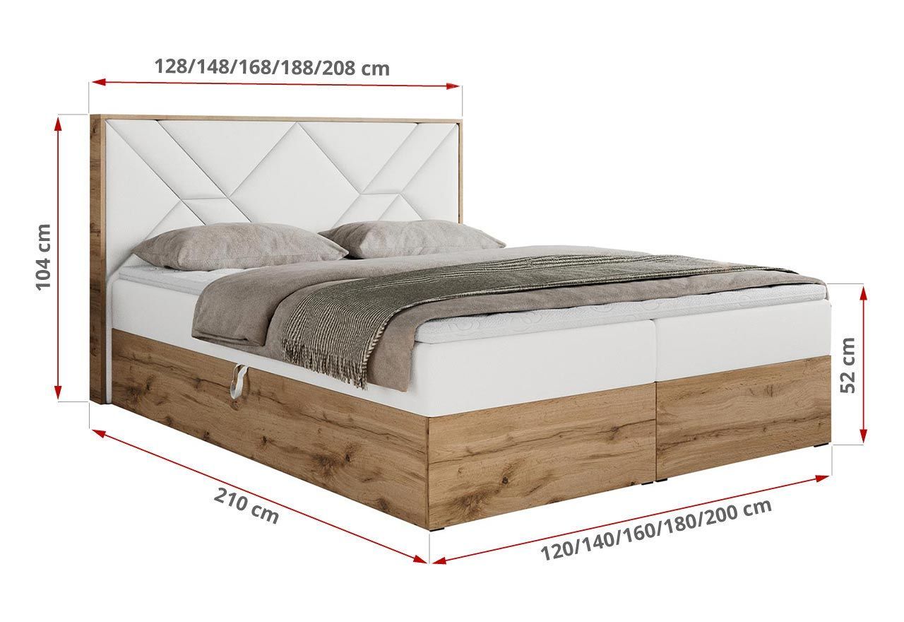 Łóżko kontynentalne GUNAR 180x200 - H3 - biały, ekoskóra