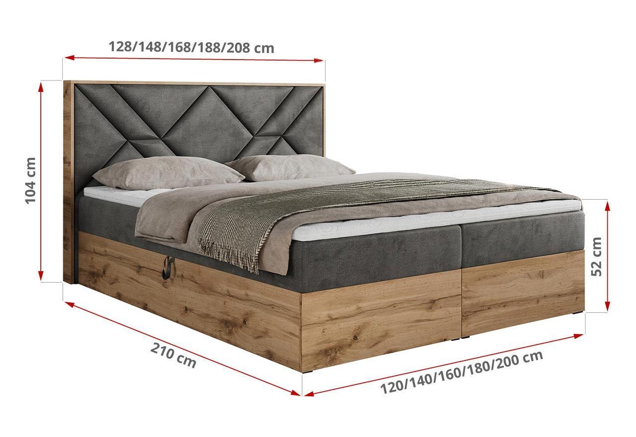 Łóżko kontynentalne GUNAR 180x200 - H4 - ciemnoszary, welwet