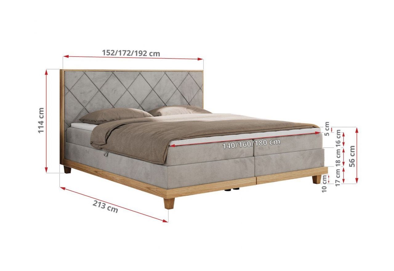 Łóżko kontynentalne CAICOS 160x200 - H4 - jasnoszary, welwet