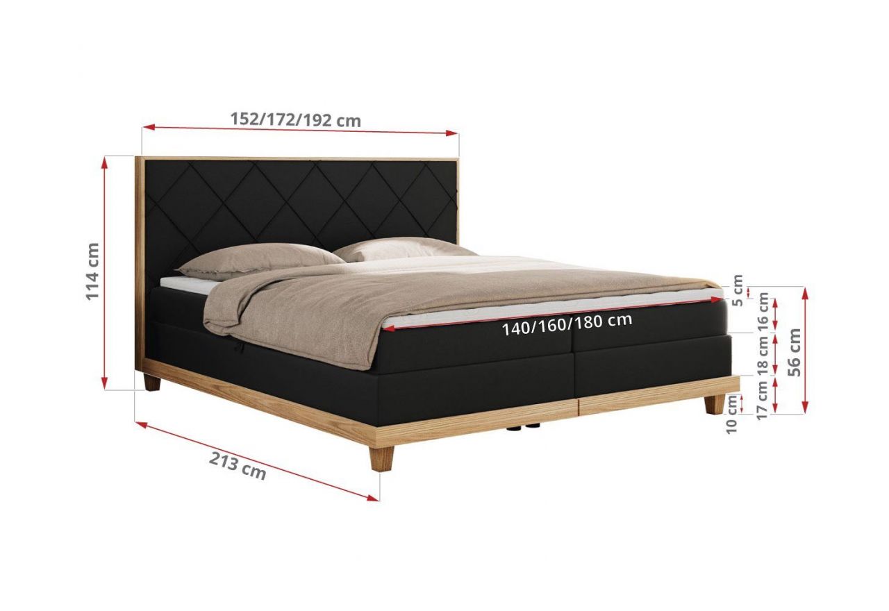 Łóżko kontynentalne CAICOS 180x200 - H4 - czarny, ekoskóra