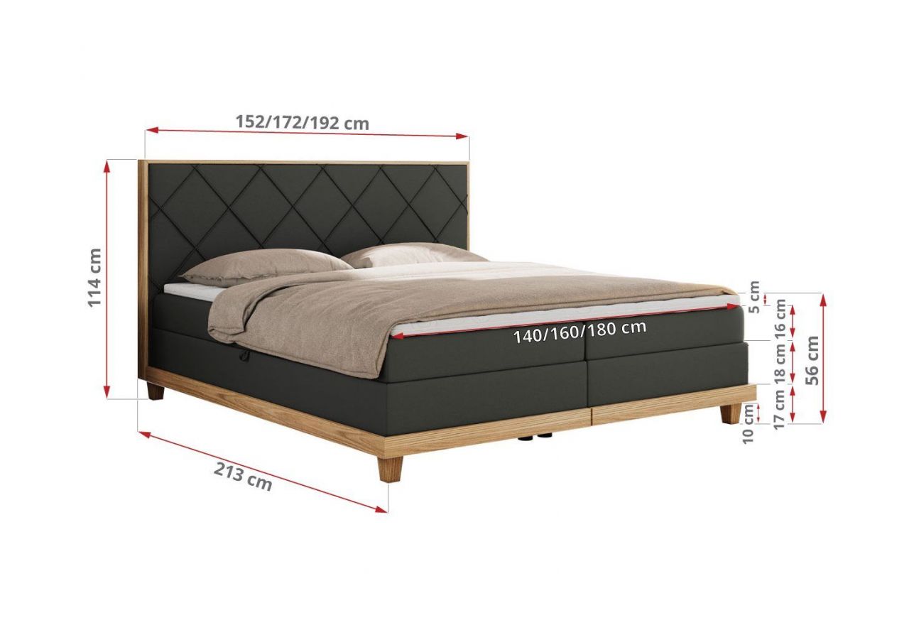 Łóżko kontynentalne CAICOS 180x200 - H4 - szary, ekoskóra