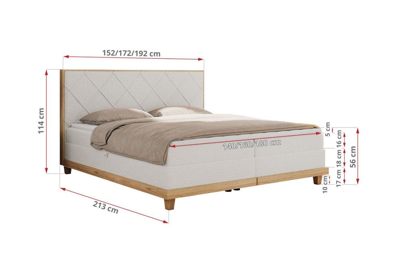 Łóżko kontynentalne CAICOS 140x200 - H3 - biały, boucle