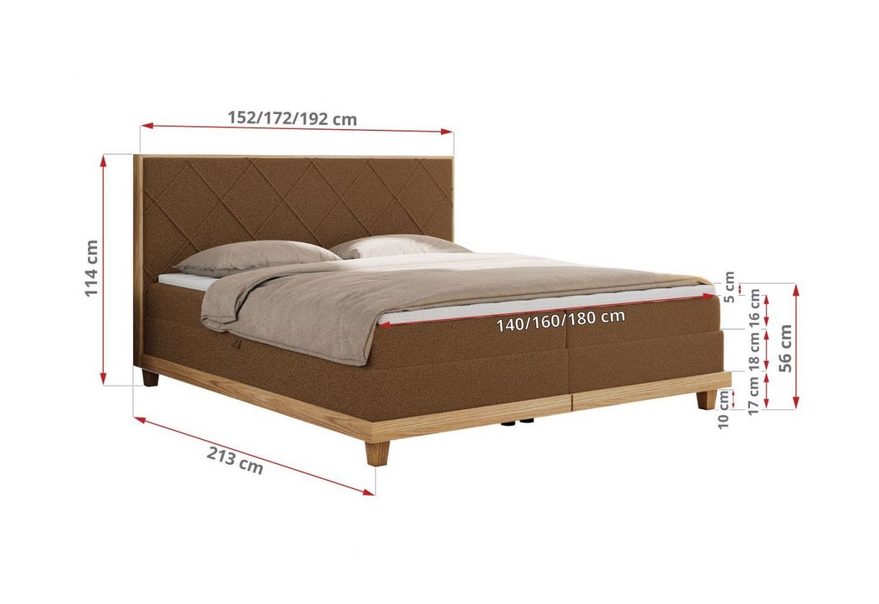 Łóżko kontynentalne CAICOS 140x200 - H4 - brązowy, boucle