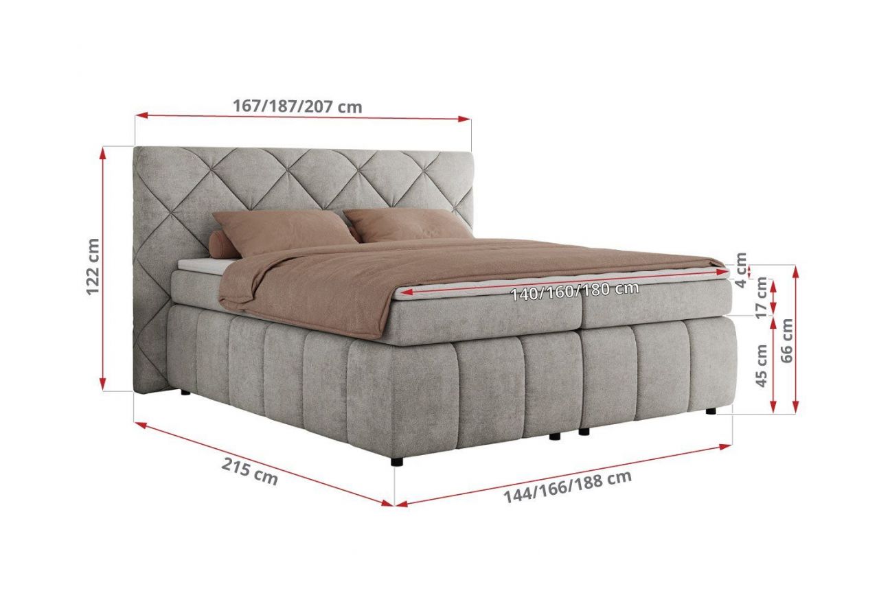 Łóżko kontynentalne RITA 180x200 - H4 - jasnoszary, struktura