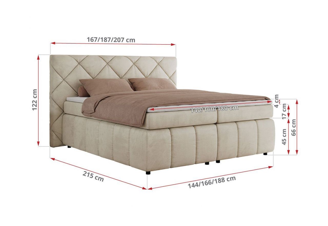 Łóżko kontynentalne RITA 180x200 - H4 - beżowy, welwet