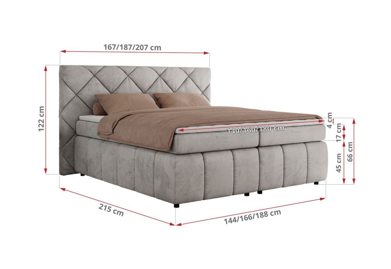 Łóżko kontynentalne RITA 140x200 - H4 - jasnoszary, welwet