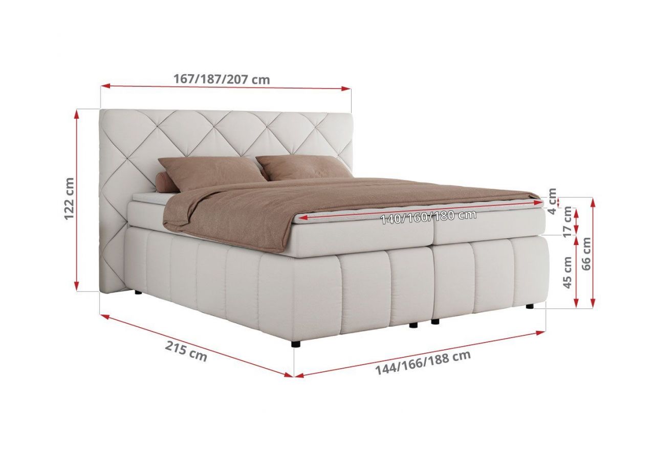 Łóżko kontynentalne RITA 140x200 - H4 - biały, ekoskóra