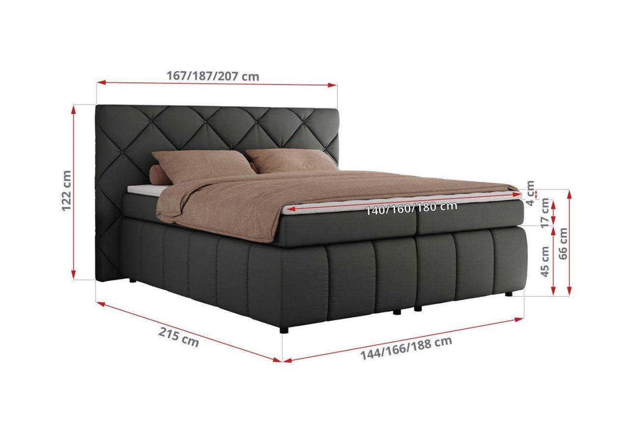 Łóżko kontynentalne RITA 160x200 - H3 - szary, ekoskóra