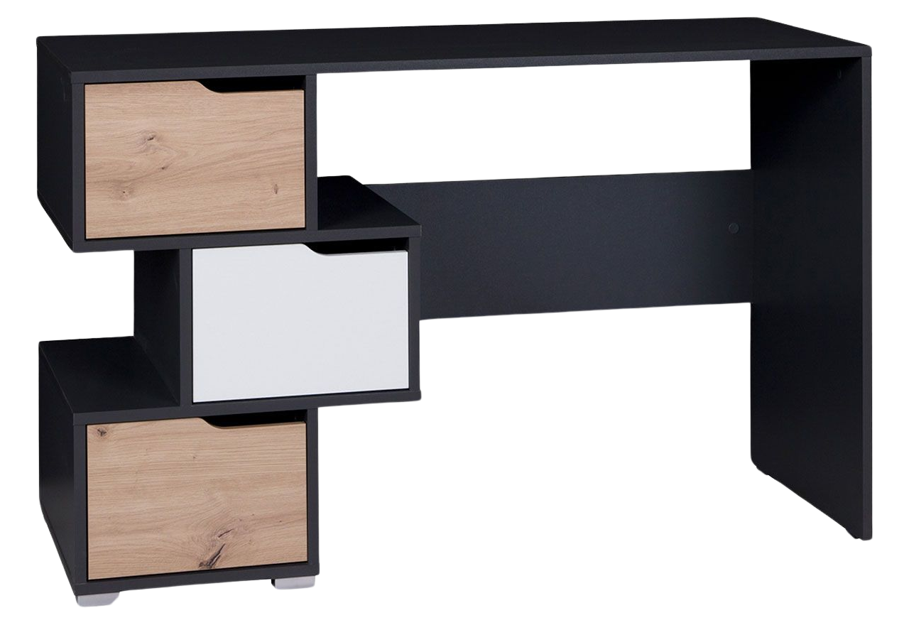 Nowoczesne młodzieżowe biurko komputerowe z pojemnymi szufladami - GETA - Grafit / Biały / Dąb Artisan