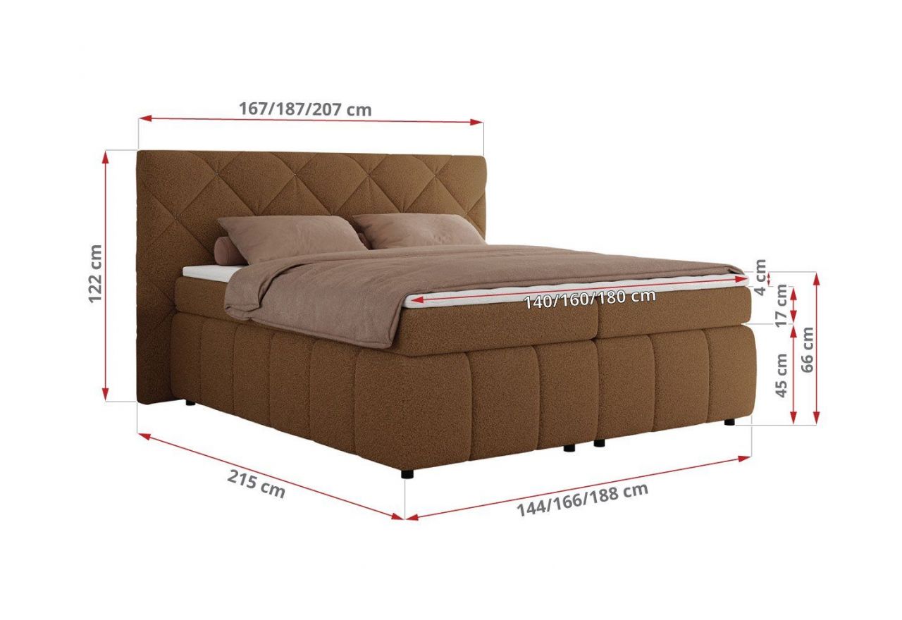 Łóżko kontynentalne RITA 180x200 - H4 - brązowy, boucle