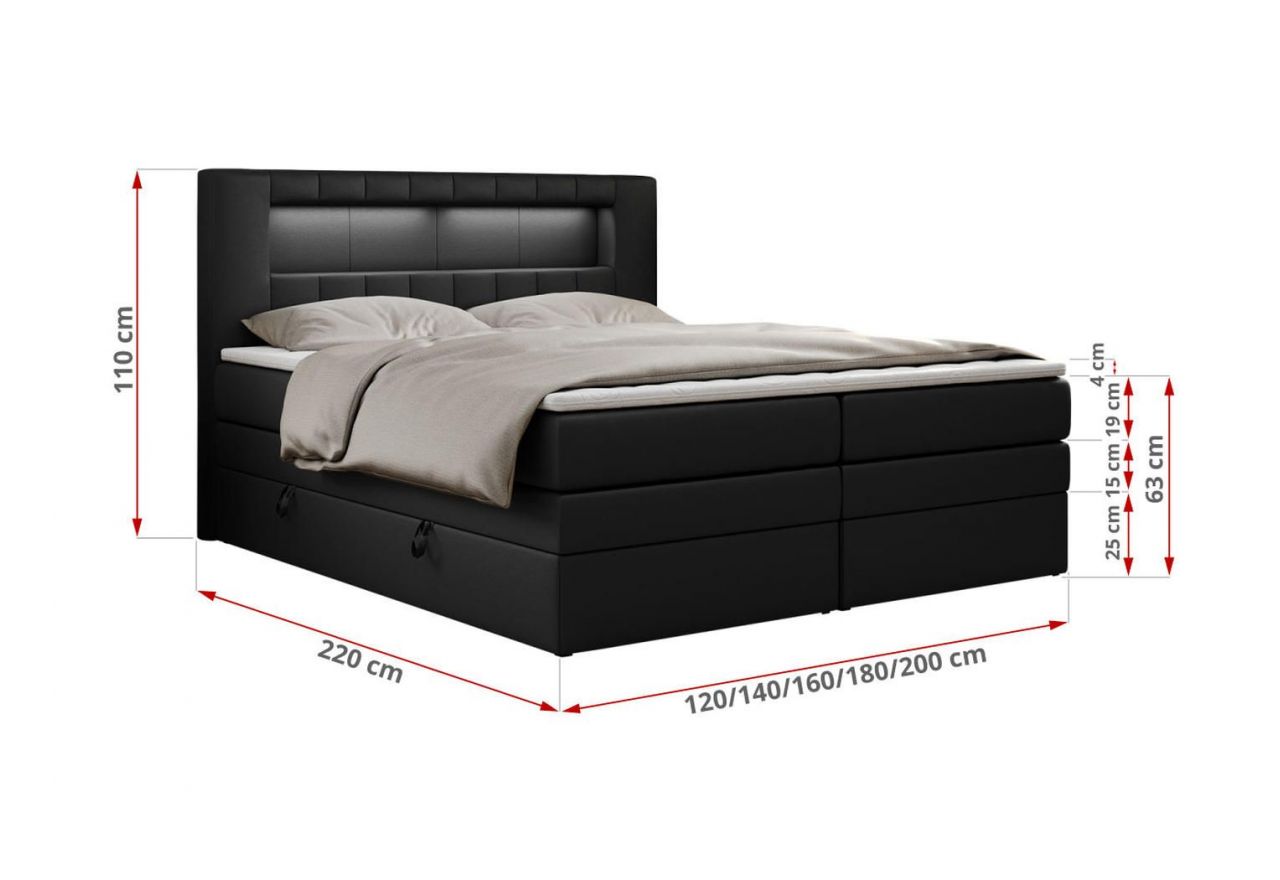 Łóżko kontynentalne GOLD 5 KING 120x200 - H3 - czarny, ekoskóra