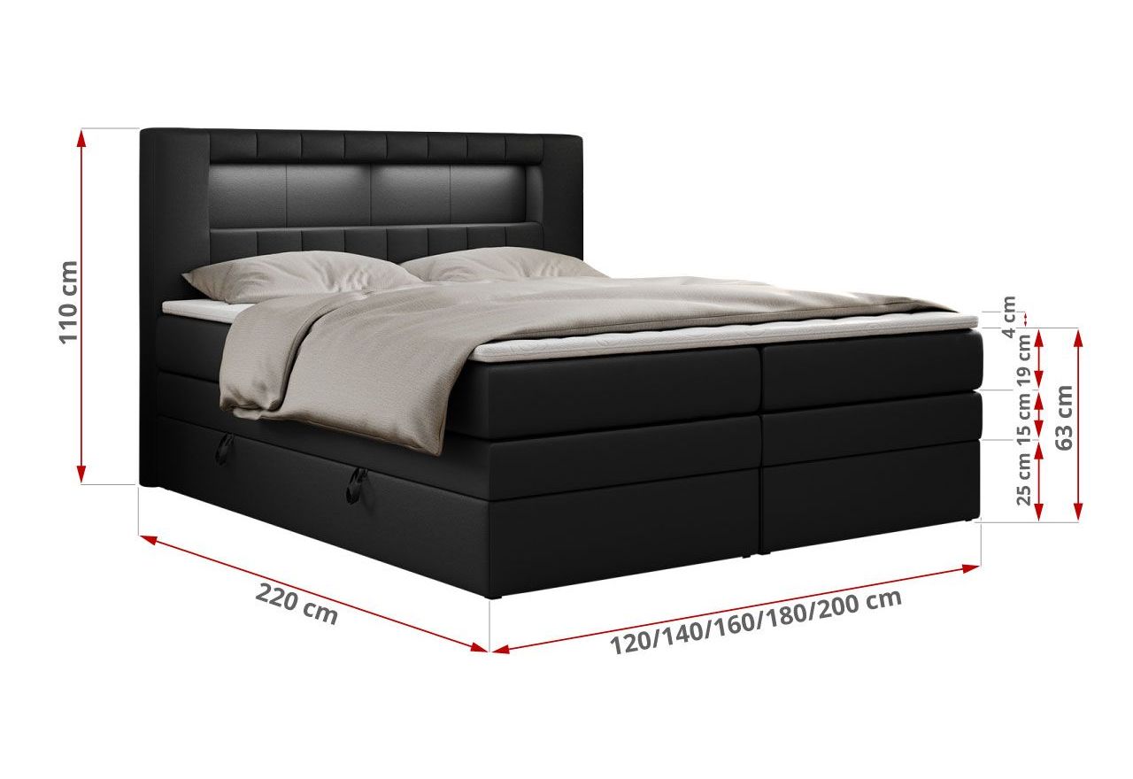 Łóżko kontynentalne GOLD 5 KING 160x200 - H3 - czarny, ekoskóra