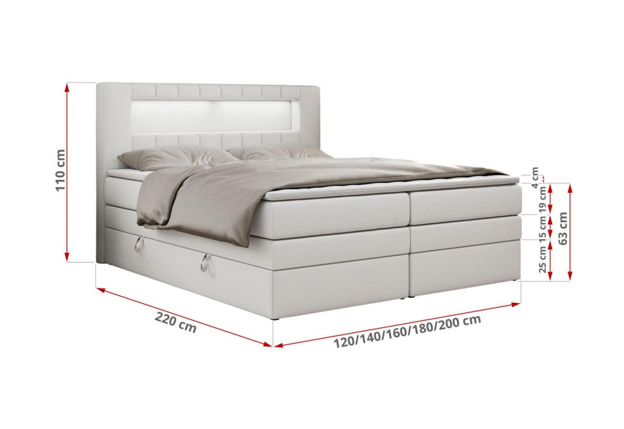 Łóżko kontynentalne GOLD 5 KING 120x200 - H3 - biały, ekoskóra