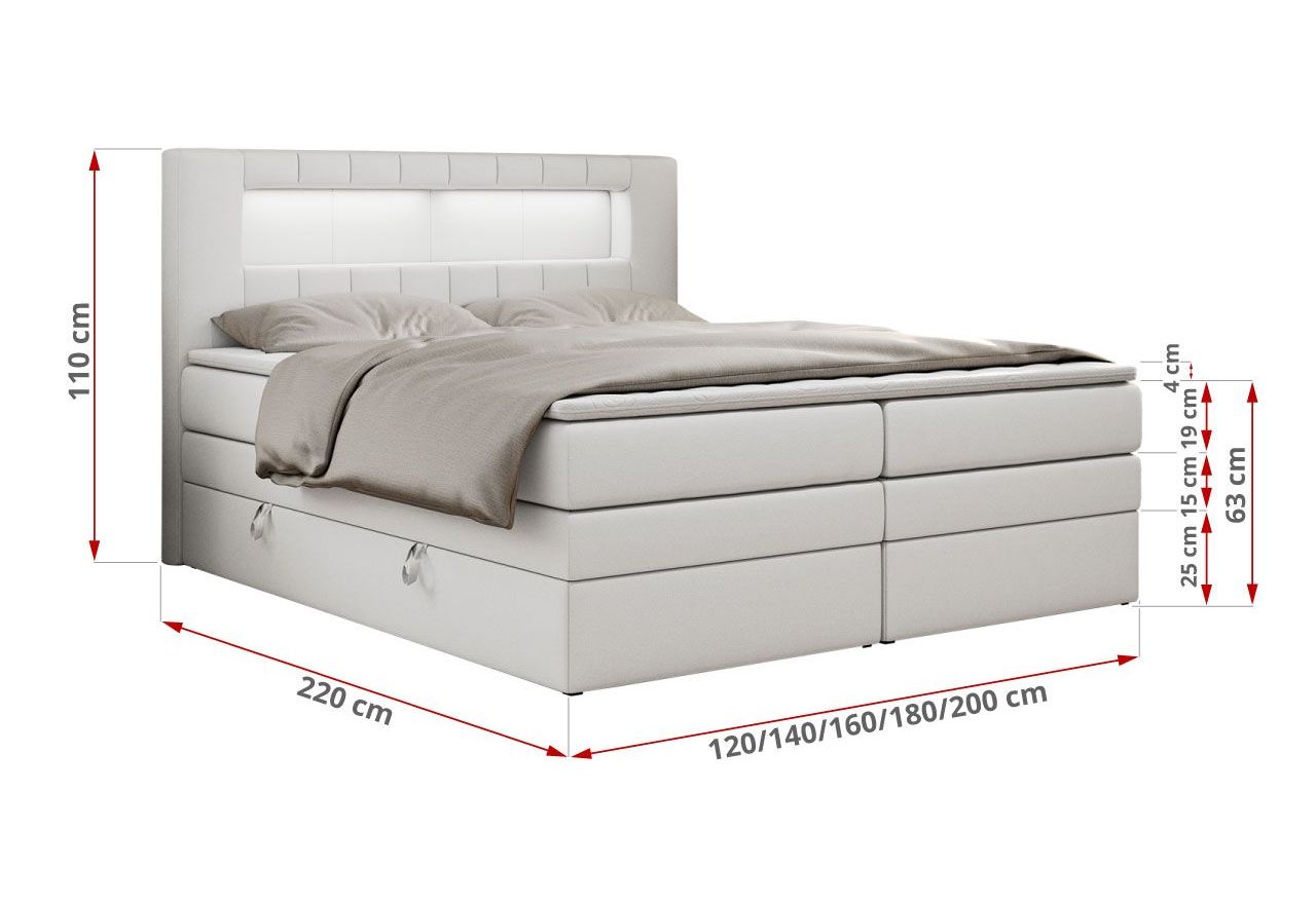 Łóżko kontynentalne GOLD 5 KING 200x200 - H4 - biały, ekoskóra