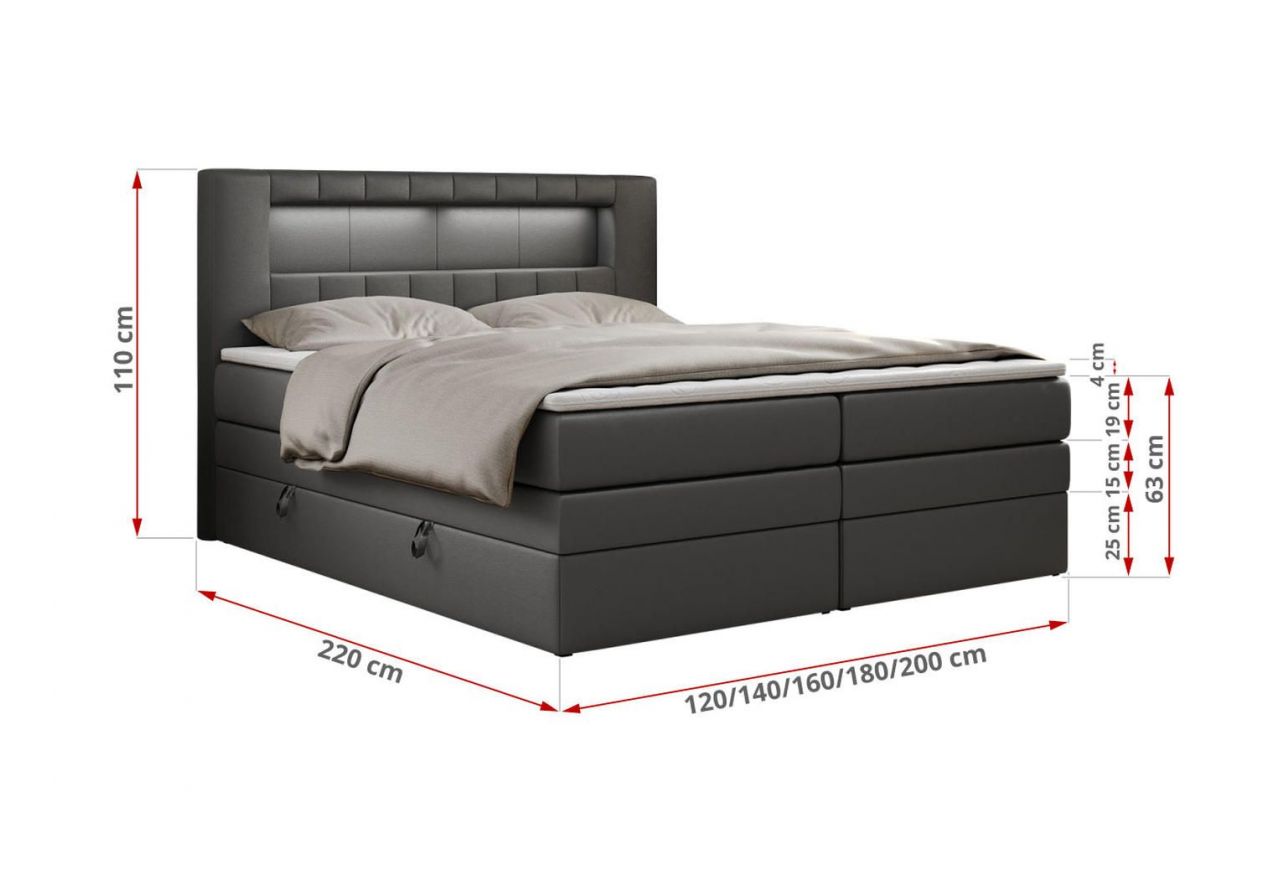 Łóżko kontynentalne GOLD 5 KING 120x200 - H3 - szary, ekoskóra