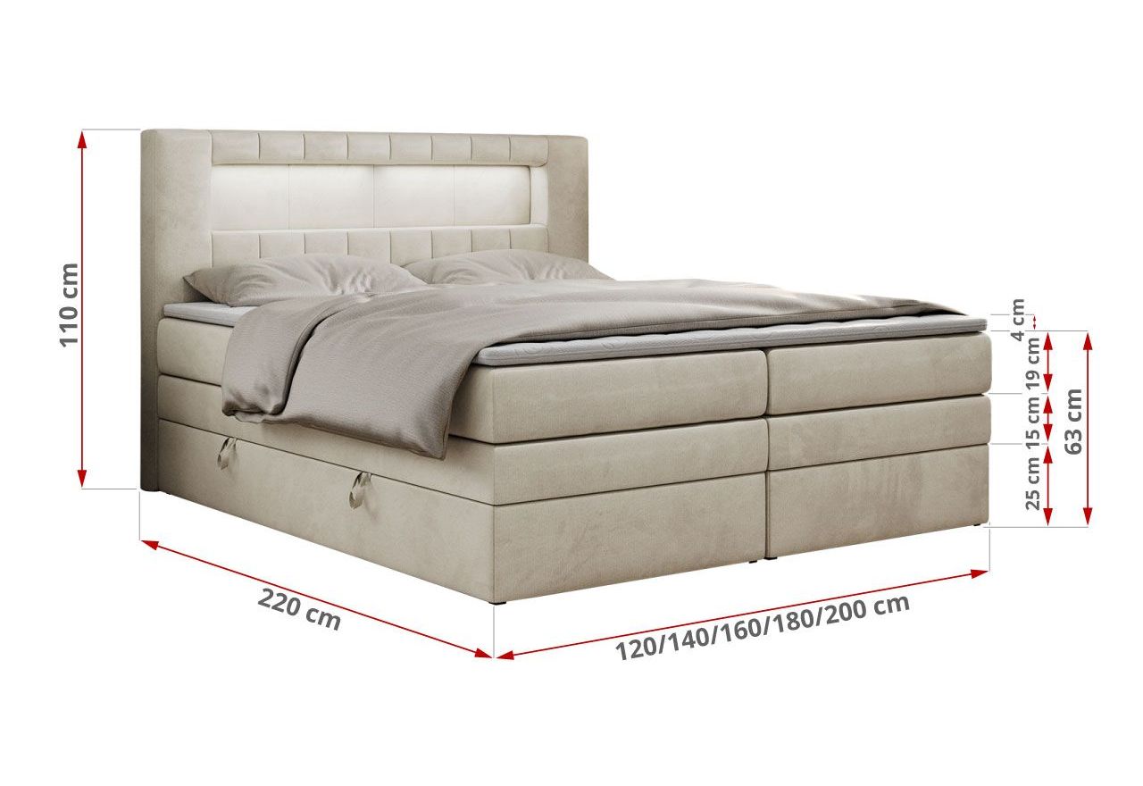 Łóżko kontynentalne GOLD 5 KING 140x200 - H4 - beżowy, welwet