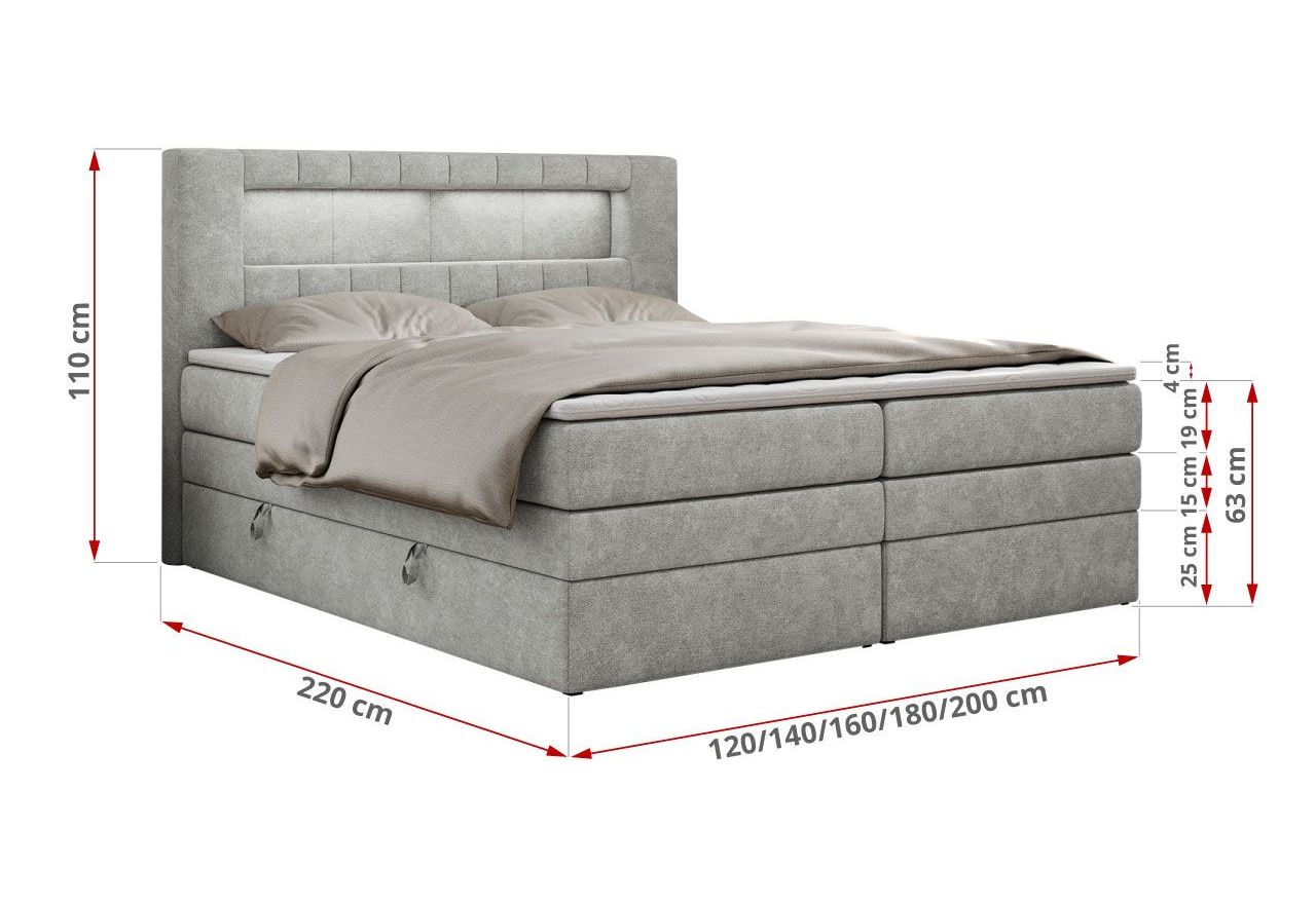 Łóżko kontynentalne GOLD 5 KING 180x200 - H3 - jasnoszary, struktura