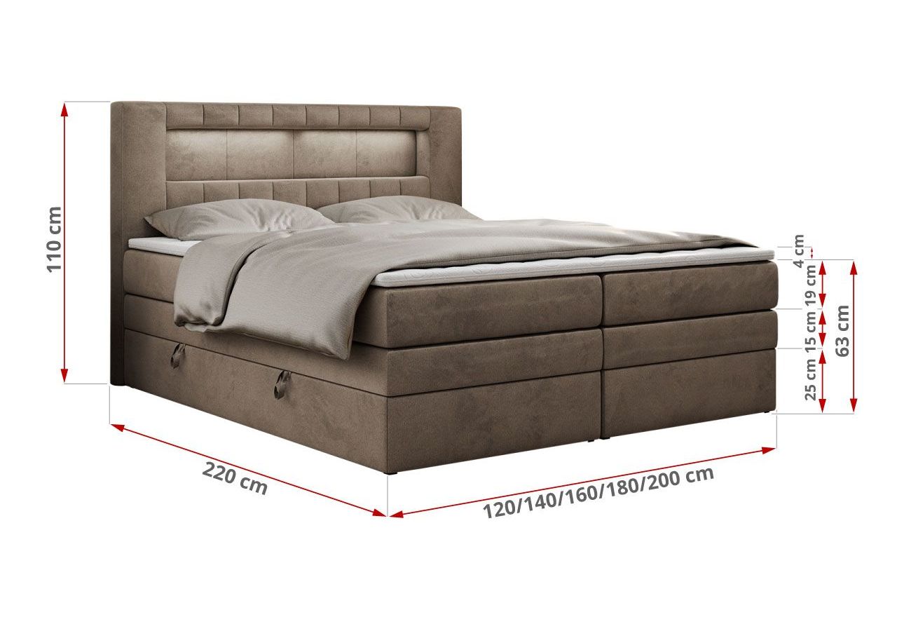Łóżko kontynentalne GOLD 5 KING 160x200 - H3 - brązowy, welwet