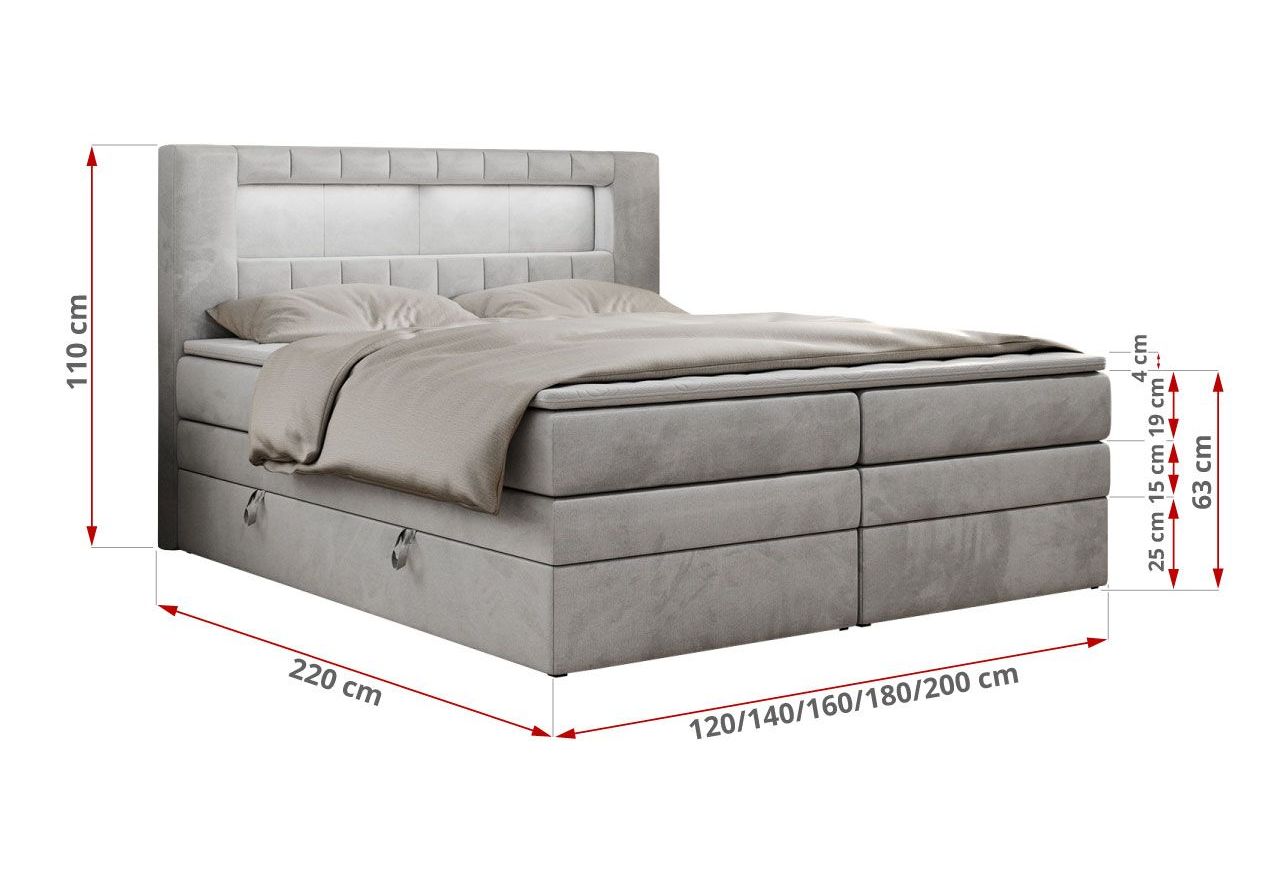Łóżko kontynentalne GOLD 5 KING 160x200 - H4 - jasnoszary, welwet