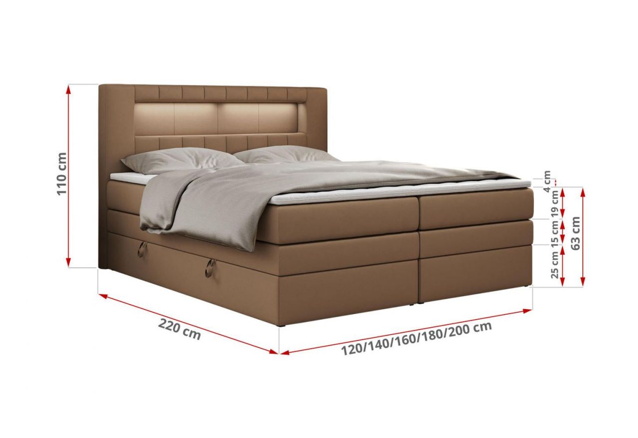 Łóżko kontynentalne GOLD 5 KING 120x200 - H3 - brązowy, ekoskóra