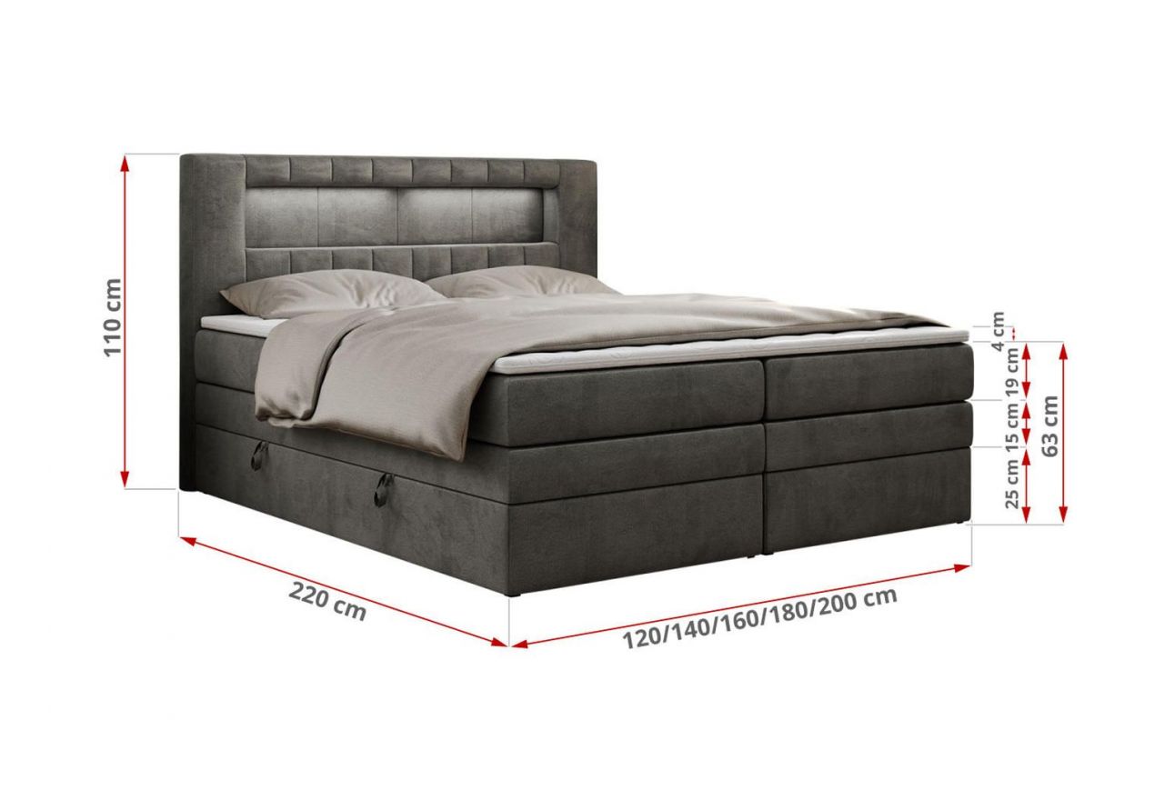 Łóżko kontynentalne GOLD 5 KING 120x200 - H3 - ciemnoszary, welwet