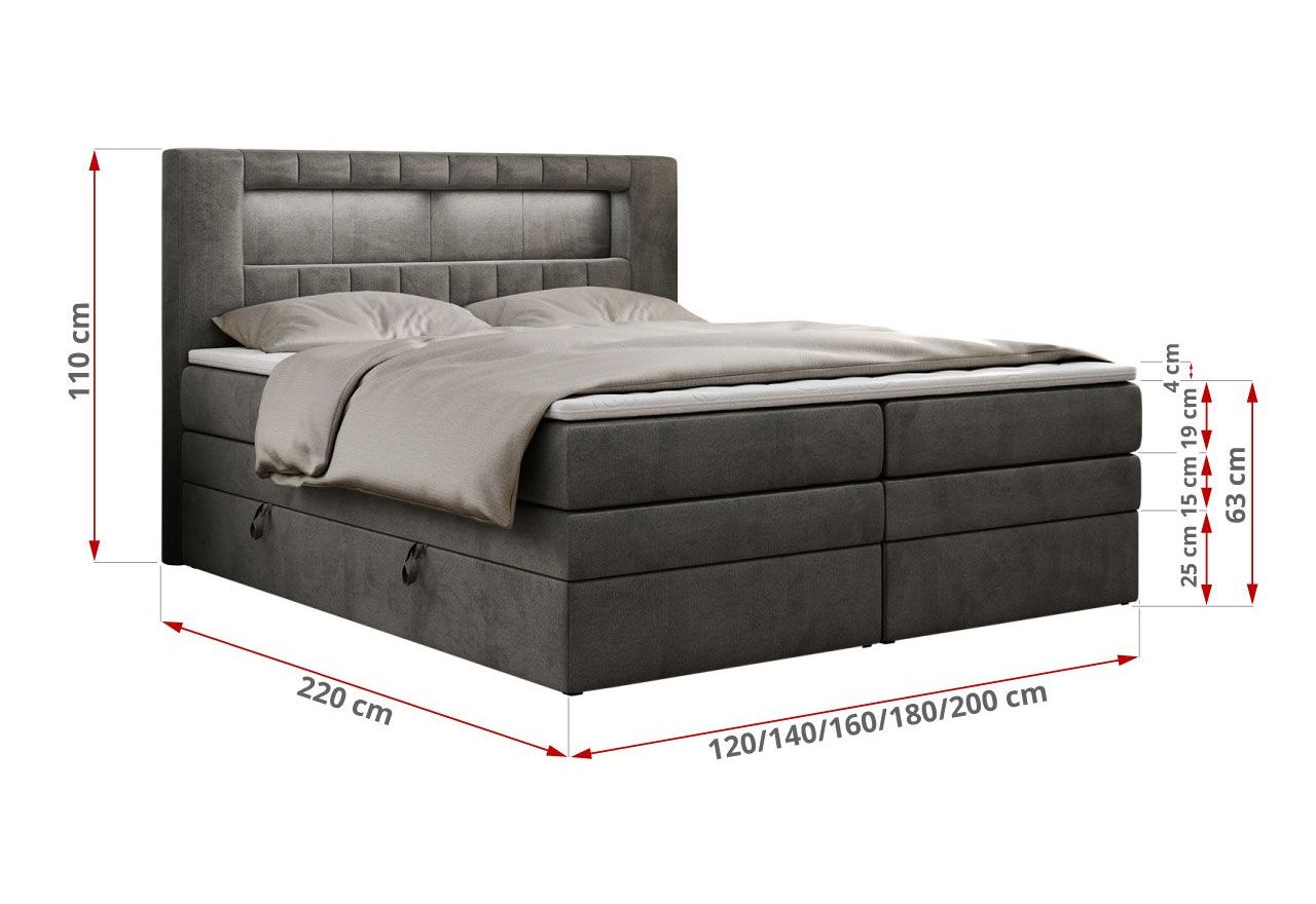 Łóżko kontynentalne GOLD 5 KING 200x200 - H3 - ciemnoszary, welwet