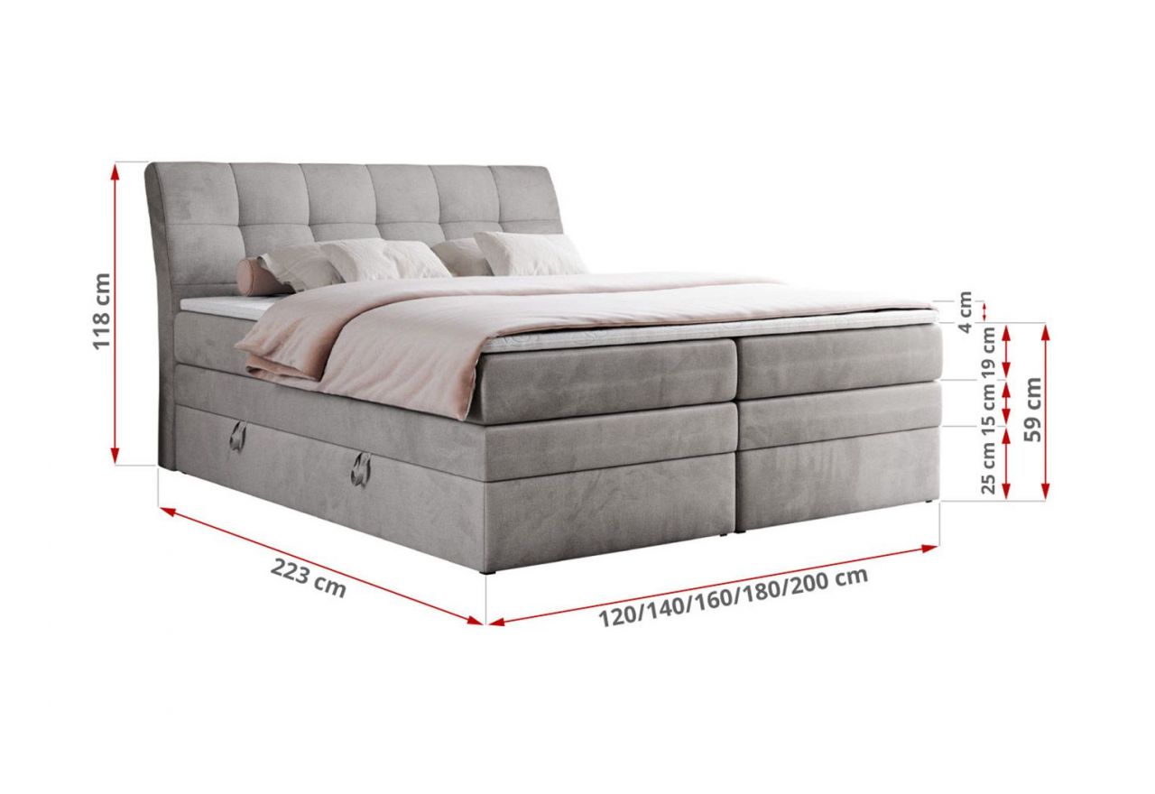 Łóżko kontynentalne GOLD 10 KING 120x200 - H4 - jasnoszary, welwet