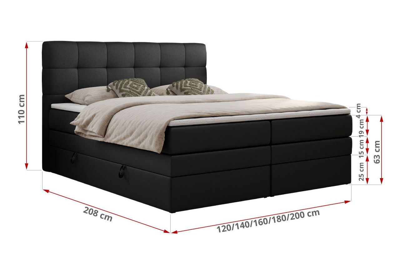 Łóżko kontynentalne LUKA KING 180x200 - H4 - czarny, ekoskóra