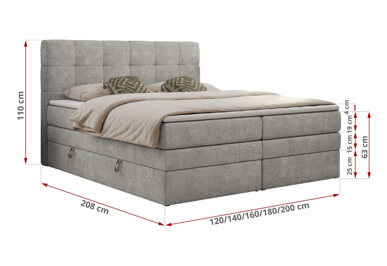 Łóżko kontynentalne LUKA KING 200x200 - H3 - jasnoszary, struktura