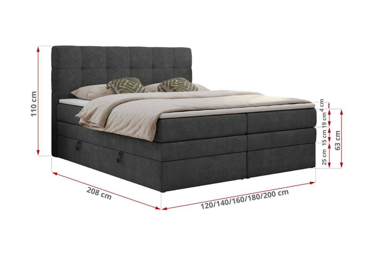 Łóżko kontynentalne LUKA KING 120x200 - H3 - ciemnoszary, struktura