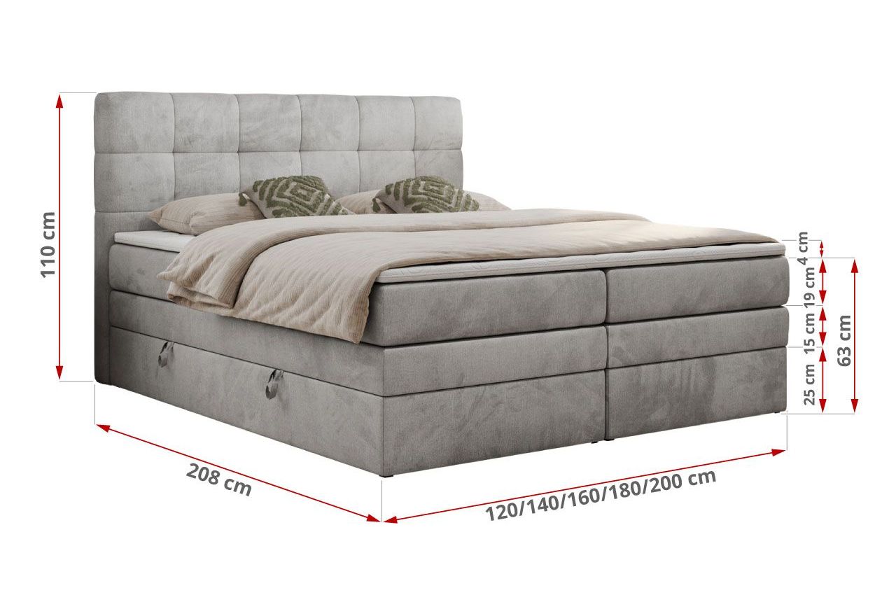 Łóżko kontynentalne LUKA KING 200x200 - H4 - jasnoszary, welwet