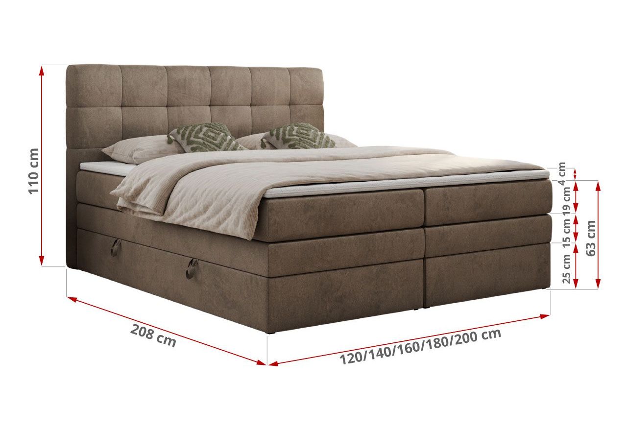 Łóżko kontynentalne LUKA KING 160x200 - H4 - brązowy, welwet