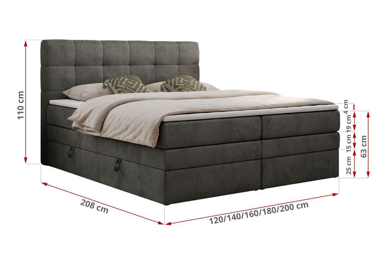 Łóżko kontynentalne LUKA KING 200x200 - H3 - ciemnoszary, welwet