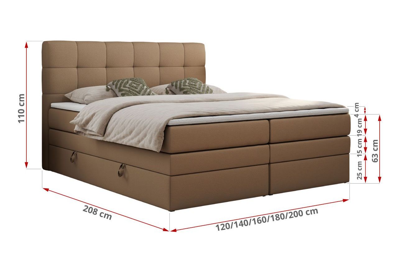 Łóżko kontynentalne LUKA KING 120x200 - H4 - brązowy, ekoskóra