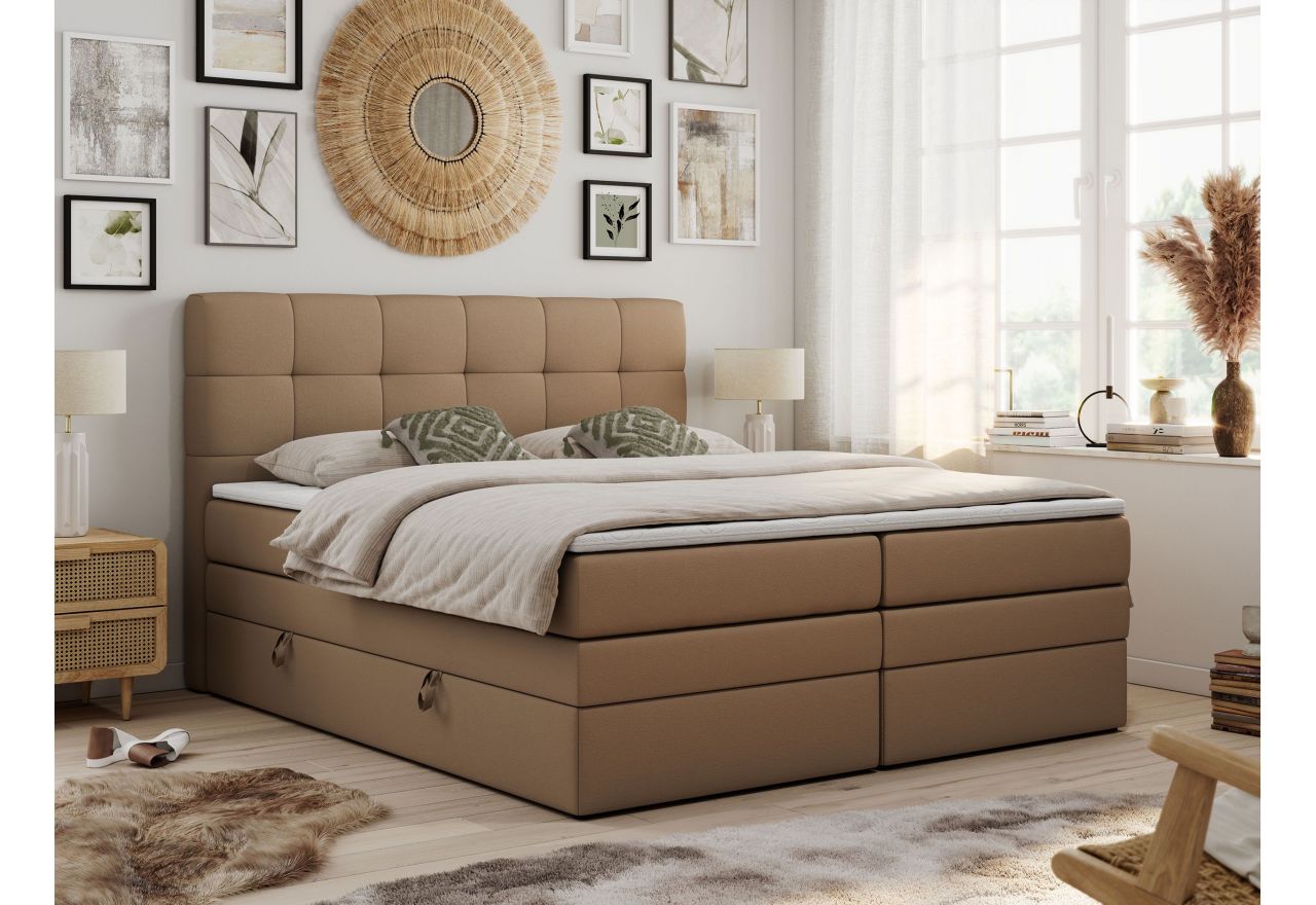 Łóżko kontynentalne LUKA KING 140x200 - H4 - brązowy, ekoskóra