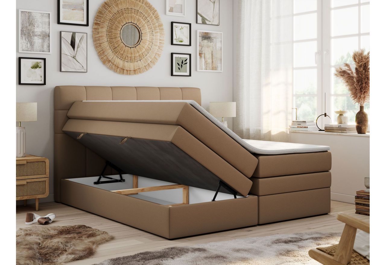 Łóżko kontynentalne LUKA KING 200x200 - H4 - brązowy, ekoskóra