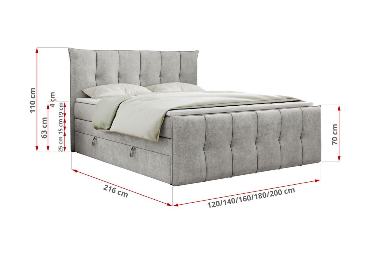 Łóżko kontynentalne PREMIUM 11 KING 120x200 - H3 - jasnoszary, struktura