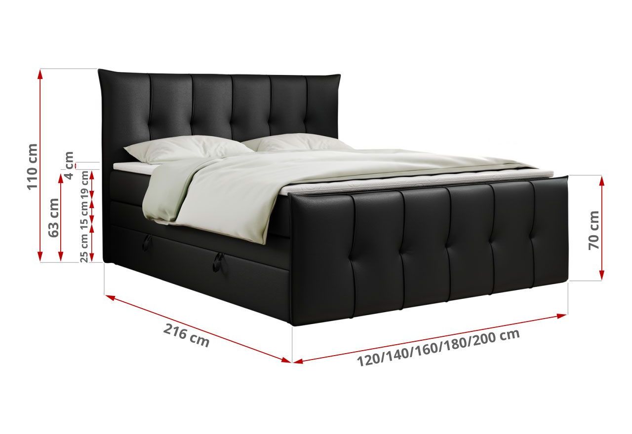 Łóżko kontynentalne PREMIUM 11 KING 180x200 - H3 - czarny, ekoskóra
