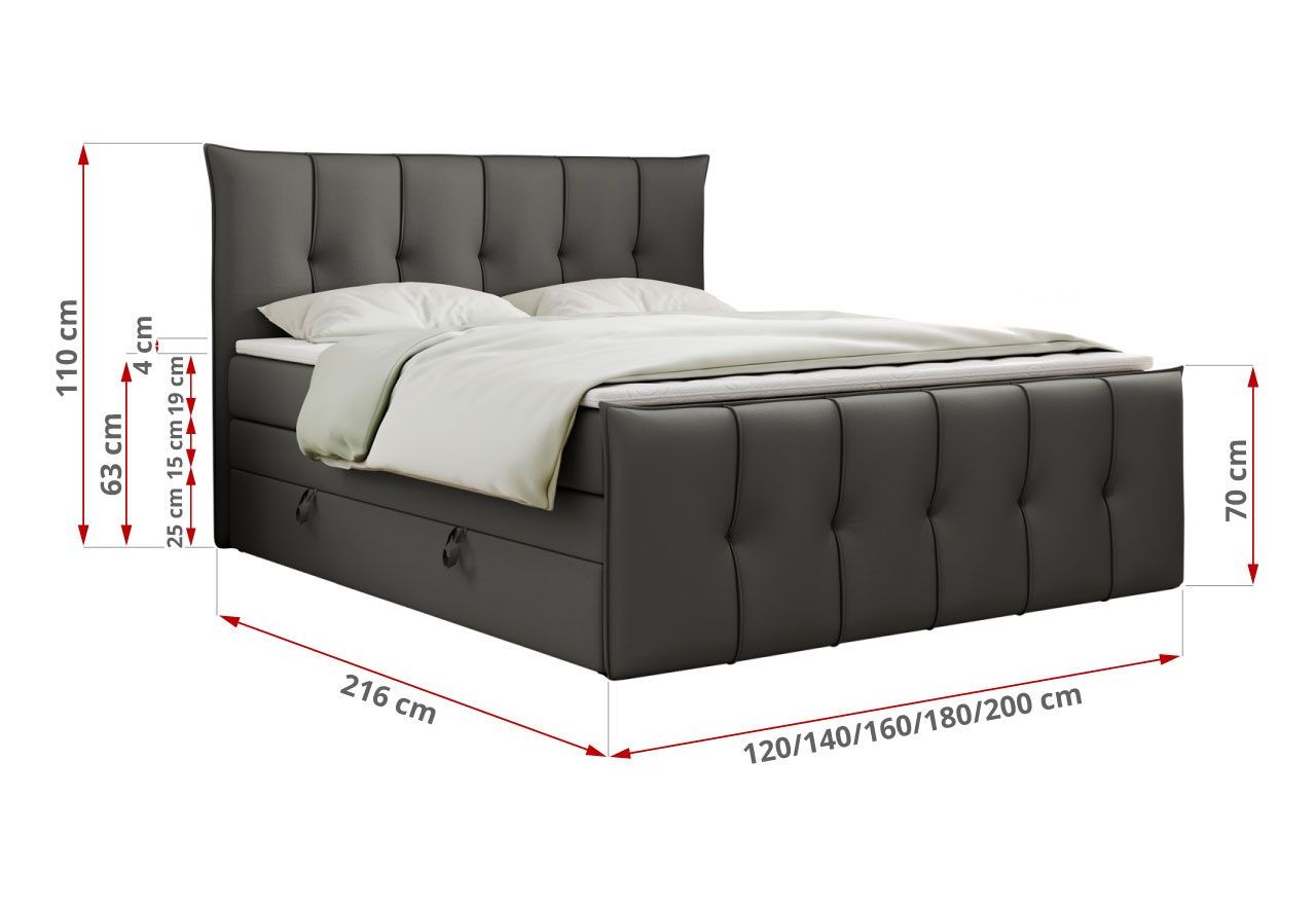 Łóżko kontynentalne PREMIUM 11 KING 180x200 - H4 - ciemnoszary, ekoskóra