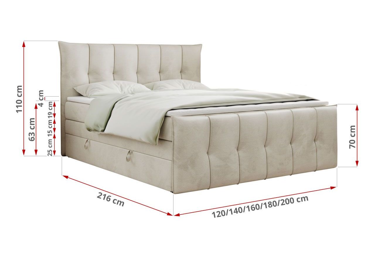 Łóżko kontynentalne PREMIUM 11 KING 140x200 - H3 - beżowy, welwet