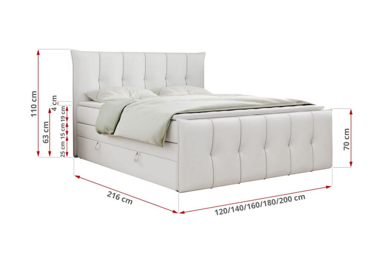 Łóżko kontynentalne PREMIUM 11 KING 120x200 - H3 - biały, ekoskóra