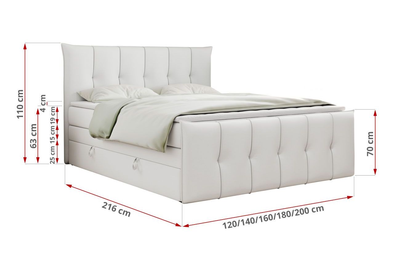 Łóżko kontynentalne PREMIUM 11 KING 140x200 - H4 - biały, ekoskóra