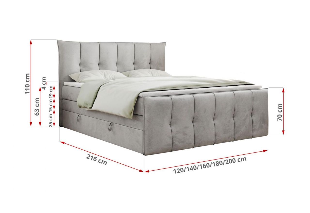 Łóżko kontynentalne PREMIUM 11 KING 120x200 - H3 - jasnoszary, welwet