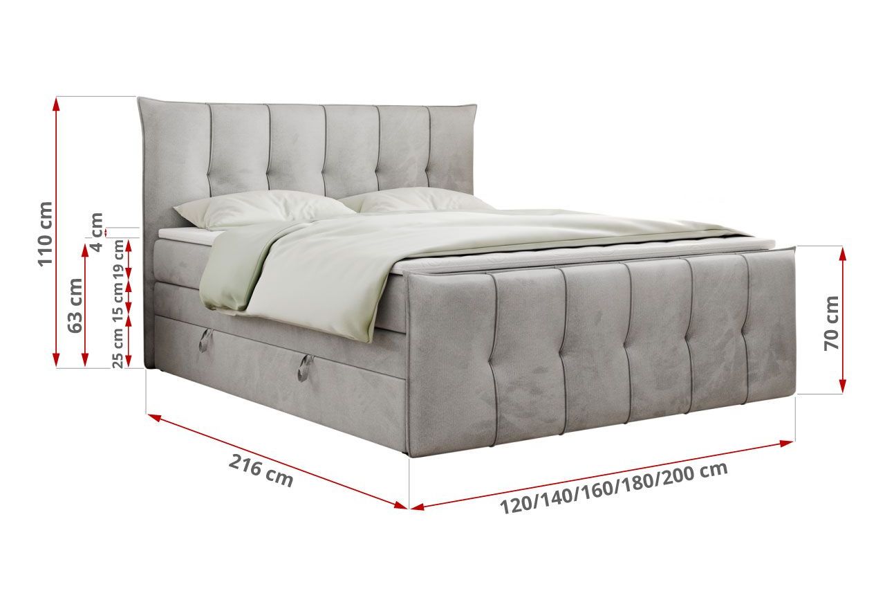 Łóżko kontynentalne PREMIUM 11 KING 200x200 - H3 - jasnoszary, welwet