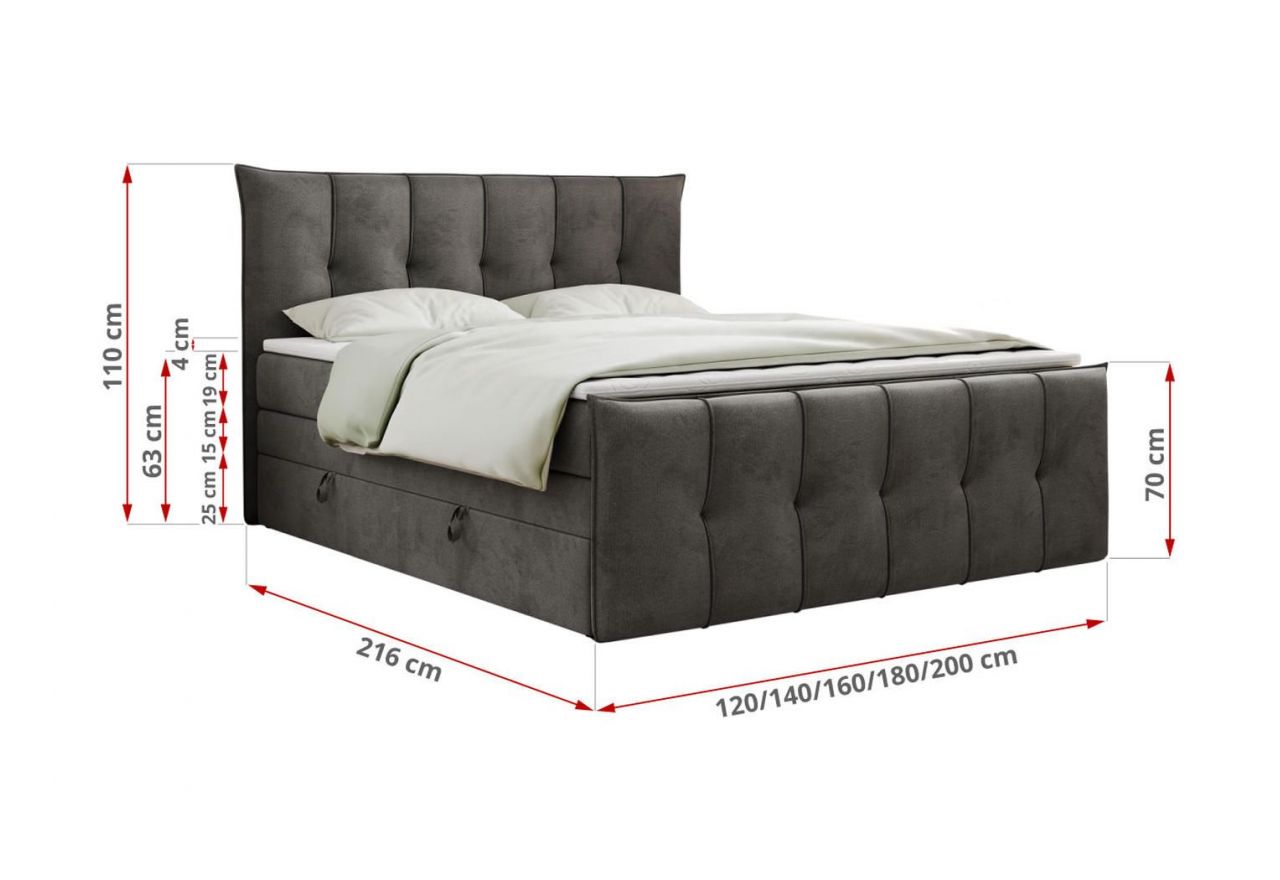 Łóżko kontynentalne PREMIUM 11 KING 120x200 - H3 - ciemnoszary, welwet